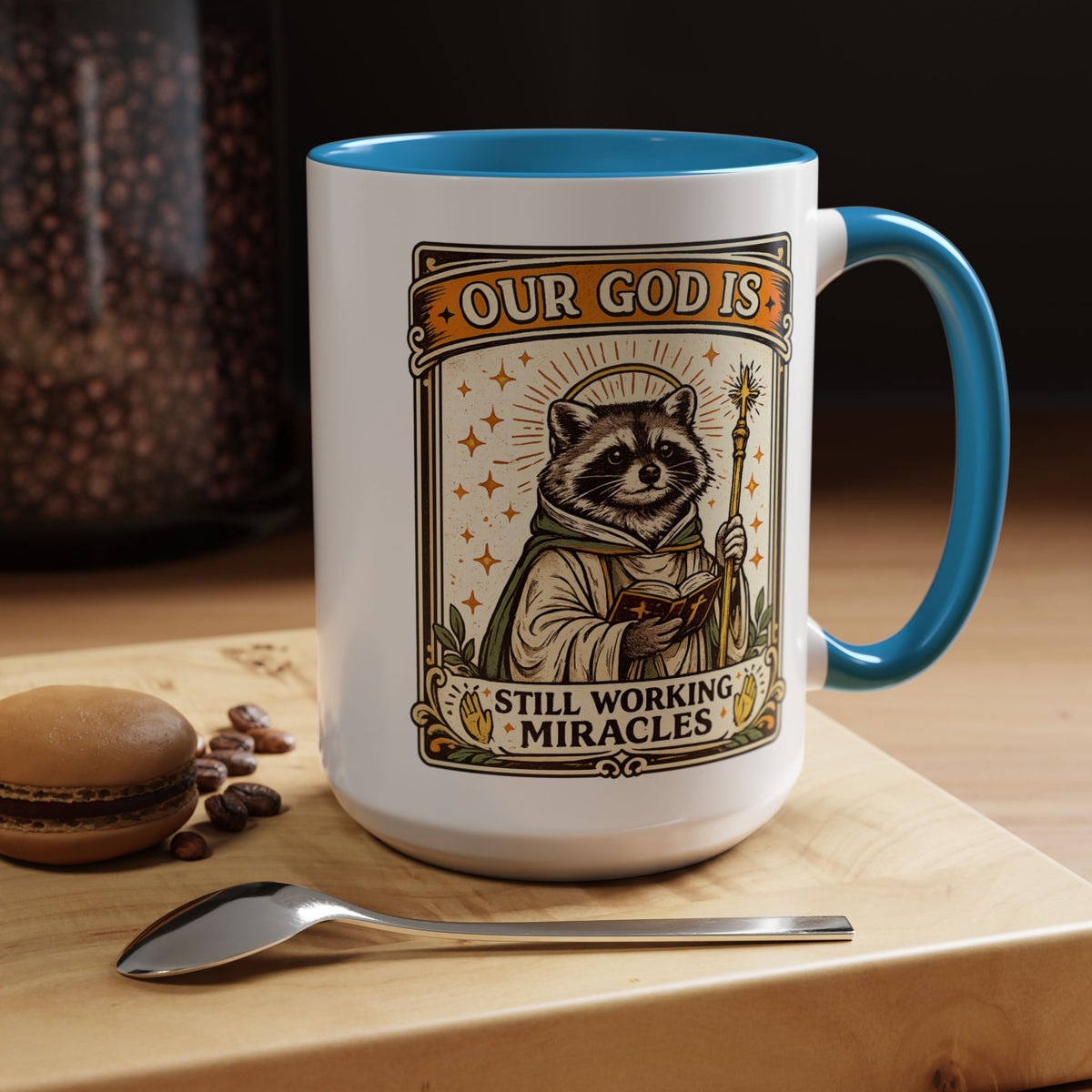Our God Is Still Working Miracles Coffee Mug, Funny Raccoon Christian Gift for Friends, Cute Religious Parody Trash Panda Ceramic Tea Cup with Black Handle