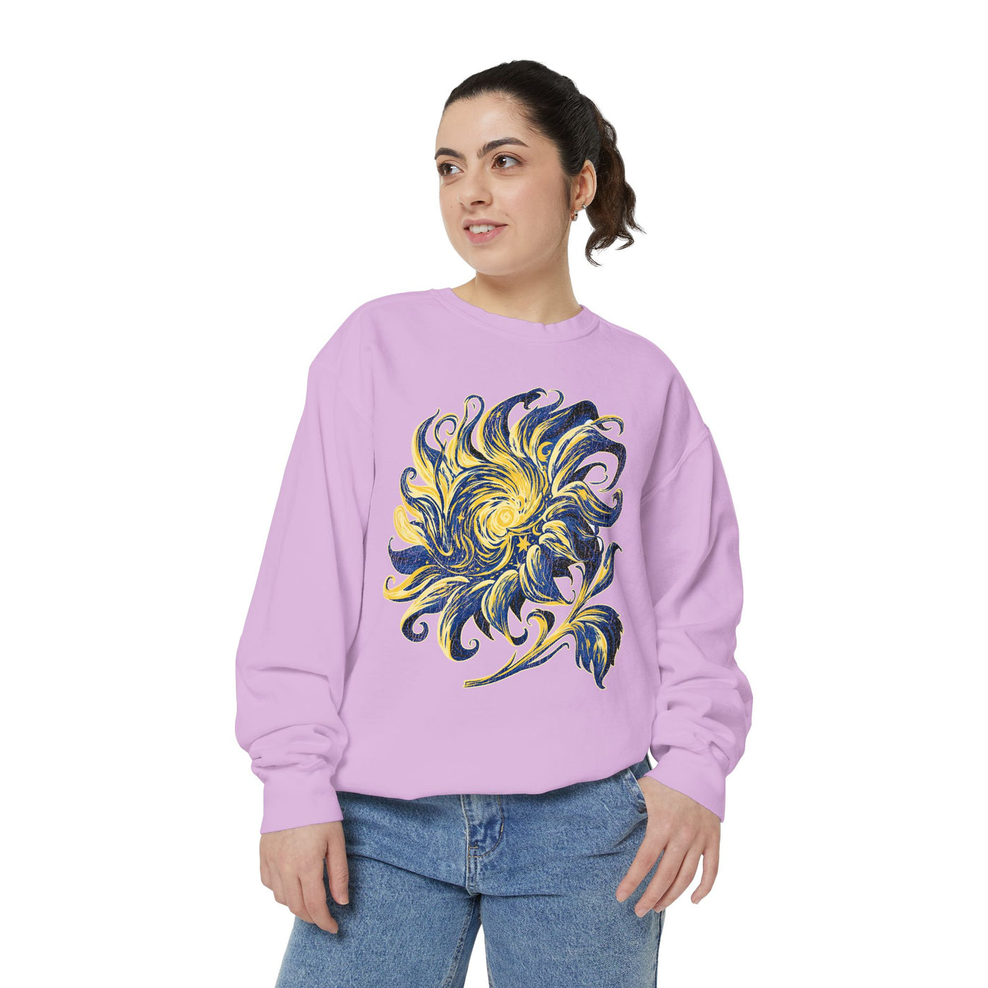 Celestial Sun Graphic Sweatshirt, Blue and Gold Cosmic Pullover, Mystical Night Sky Top, Astrology Gift for Stargazers and Dreamers