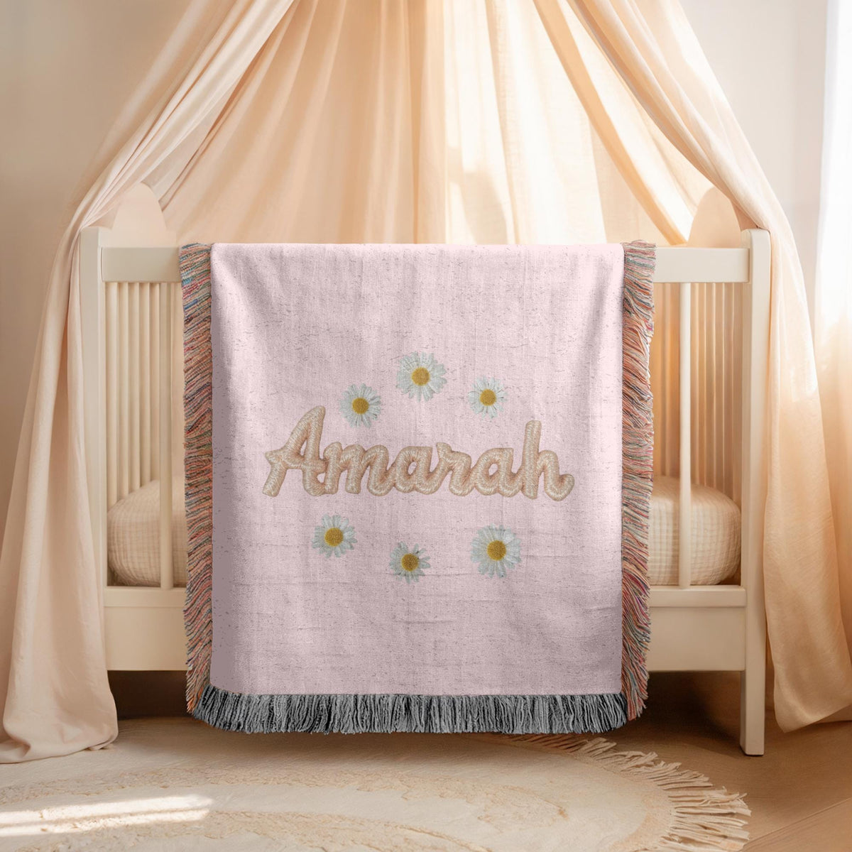 Personalized Name Woven Blanket Daisy Floral Blanket Custom Baby Blanket Nursery Decor Baby Shower Gift