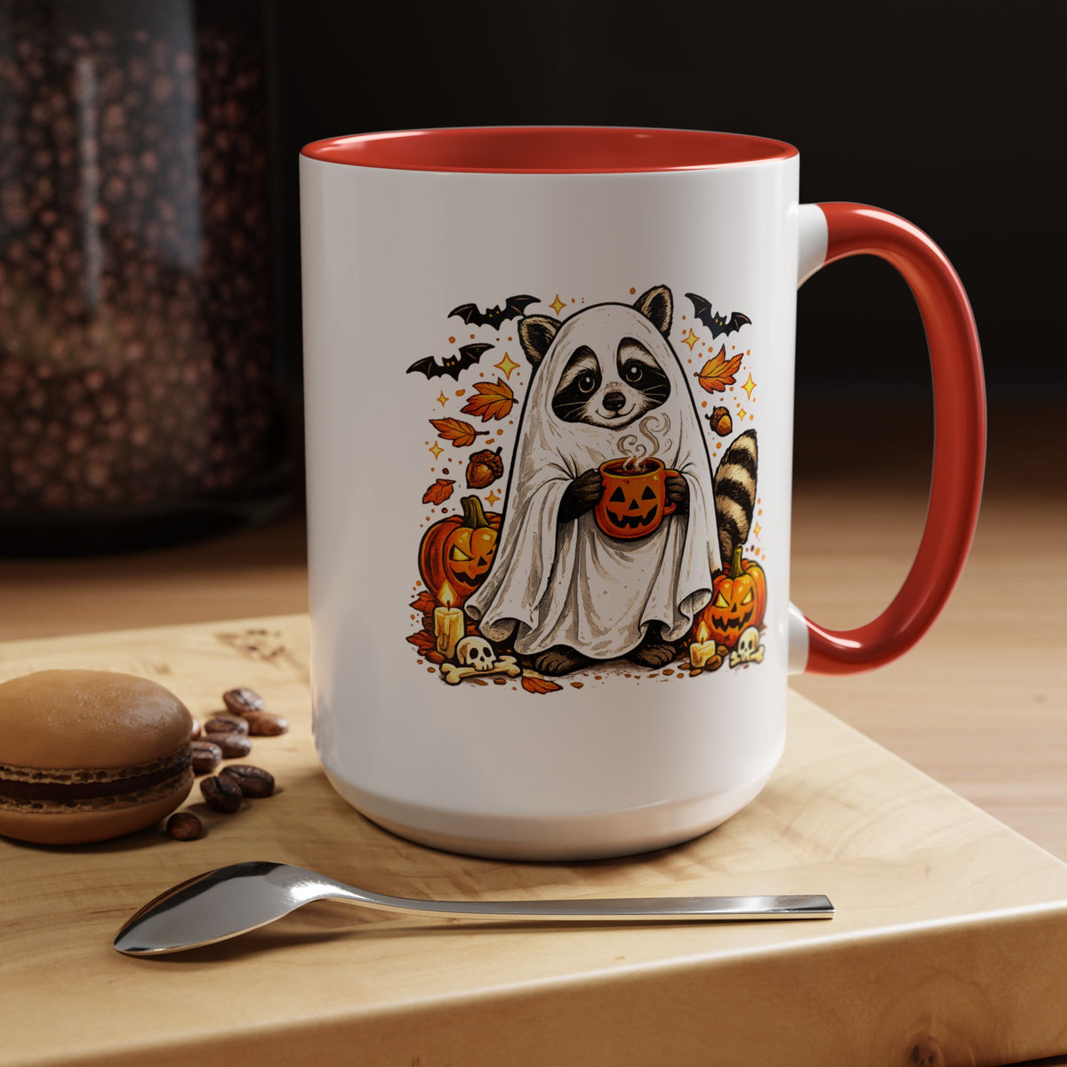 Cute Raccoon Halloween Mug, Ghost Costume Coffee Cup, Spooky Pumpkin Gift for Animal Lover, Fall Birthday or October Office Desk Decor