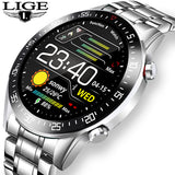 Silver round smart watch with digital time and step count display, stainless steel bracelet