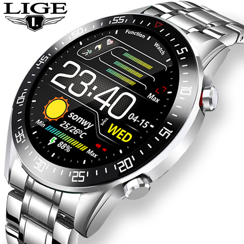 Silver round smart watch with digital time and step count display, stainless steel bracelet