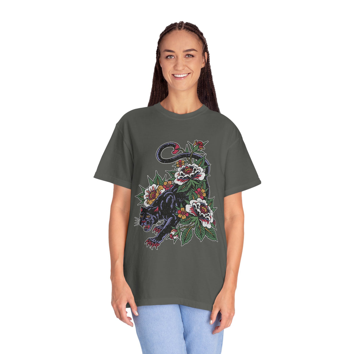 Traditional Panther Graphic Shirt, Floral Tattoo T-Shirt for Men and Women, Old School Big Cat Tee, Alternative Art Gift for Tattoo Fans