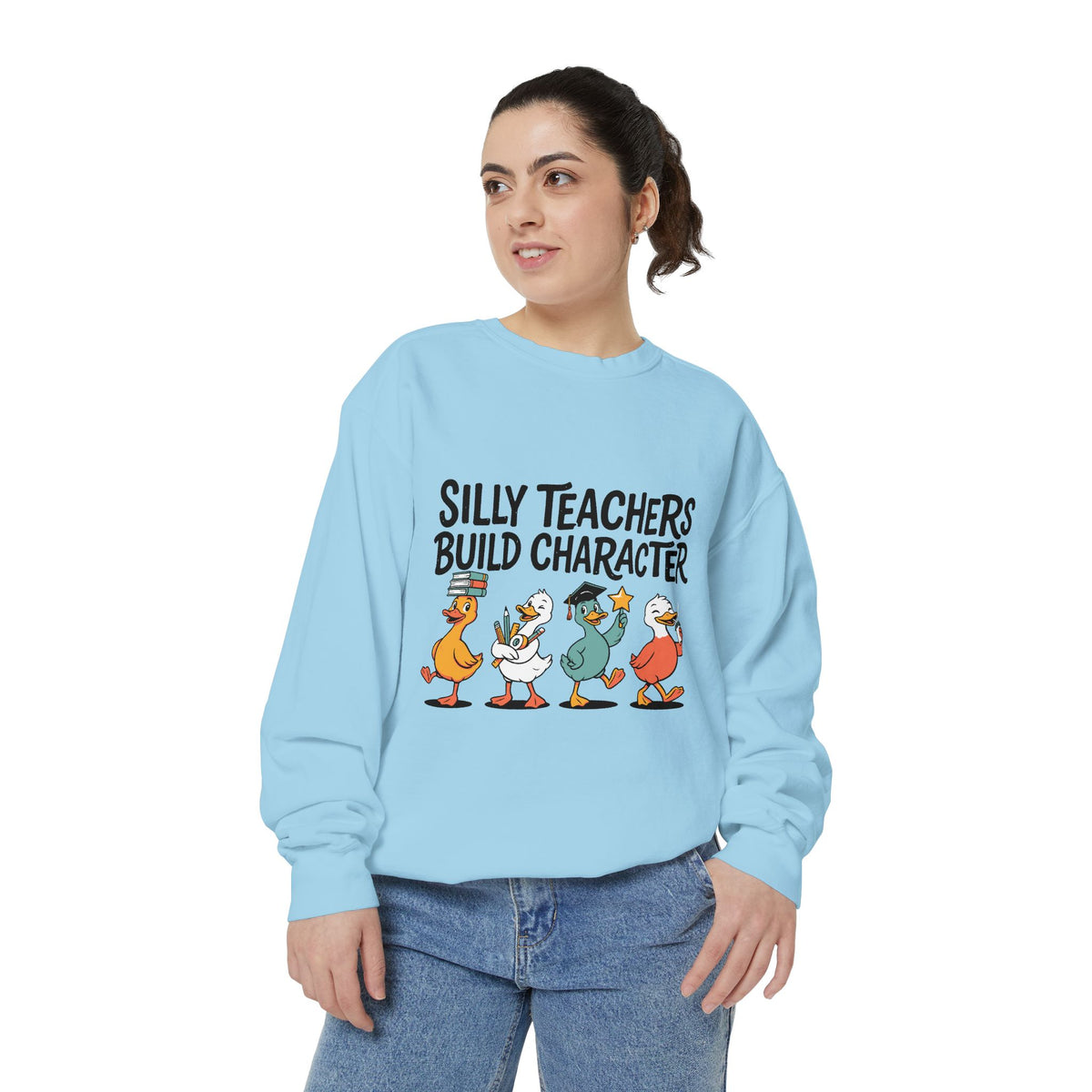 Funny Teacher Comfort Colors Sweatshirt, Silly Teachers Build Character Graphic Sweatshirt, Teacher Appreciation Gift for Educators