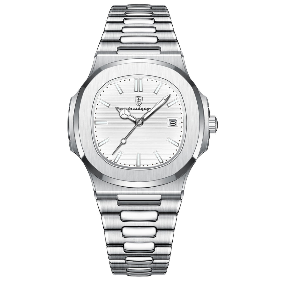 Silver stainless steel watch with a blue textured dial, luminous hour markers, and a matching metal bracelet band.