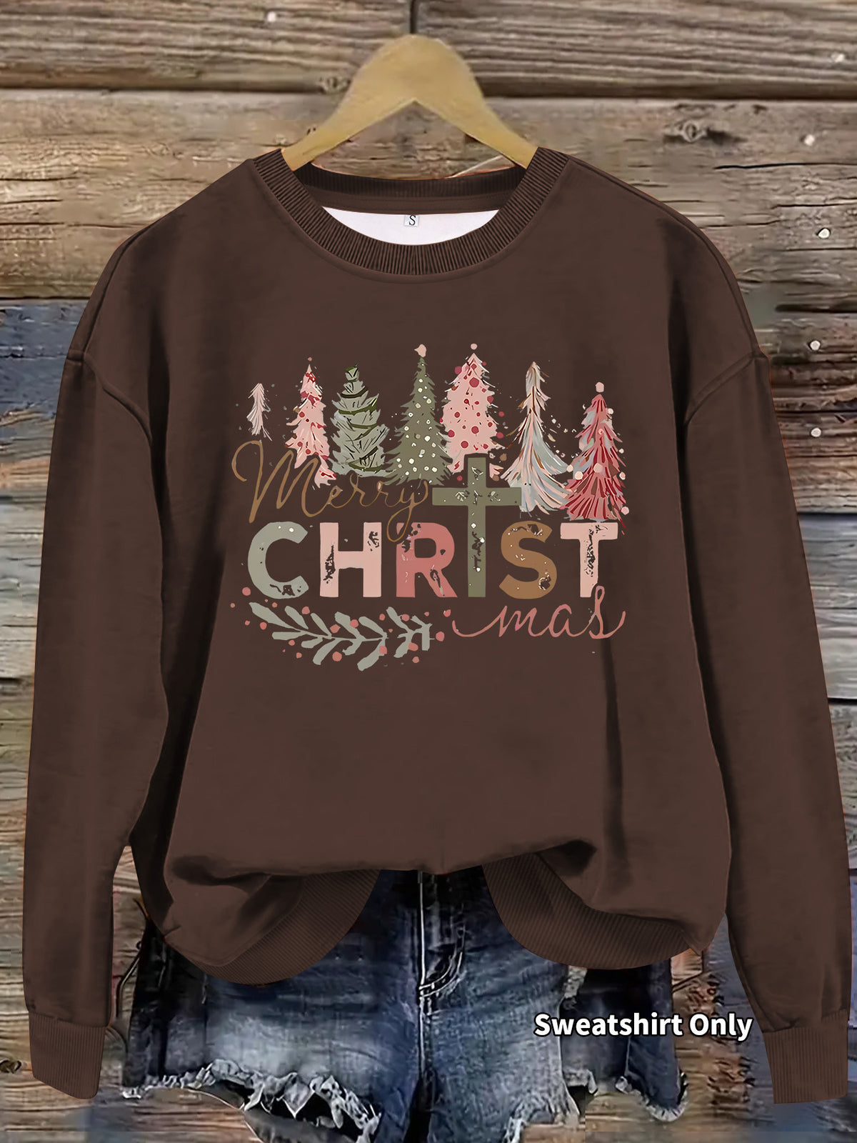 Merry CHRISTmas Trees Sweatshirt, Faith Christmas Graphic Crewneck Pullover