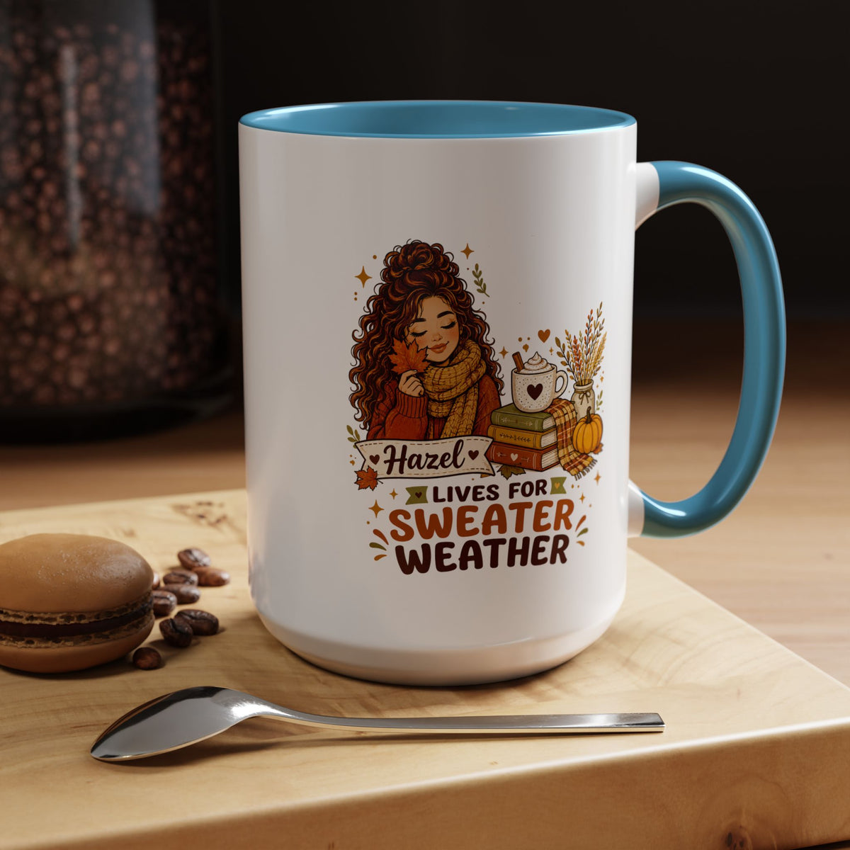 Personalized Sweater Weather Mug, Custom Name Fall Coffee Cup, Cozy Book Lover Gift for Her, Autumn Pumpkin and Reading Design