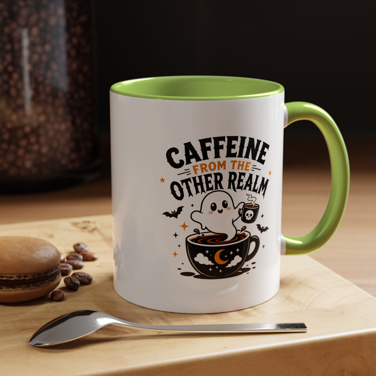 Halloween Ghost Coffee Mug, Caffeine From the Other Realm Black Accent Cup, Funny Spooky Gift for Coffee Lover, Barista or Coworker