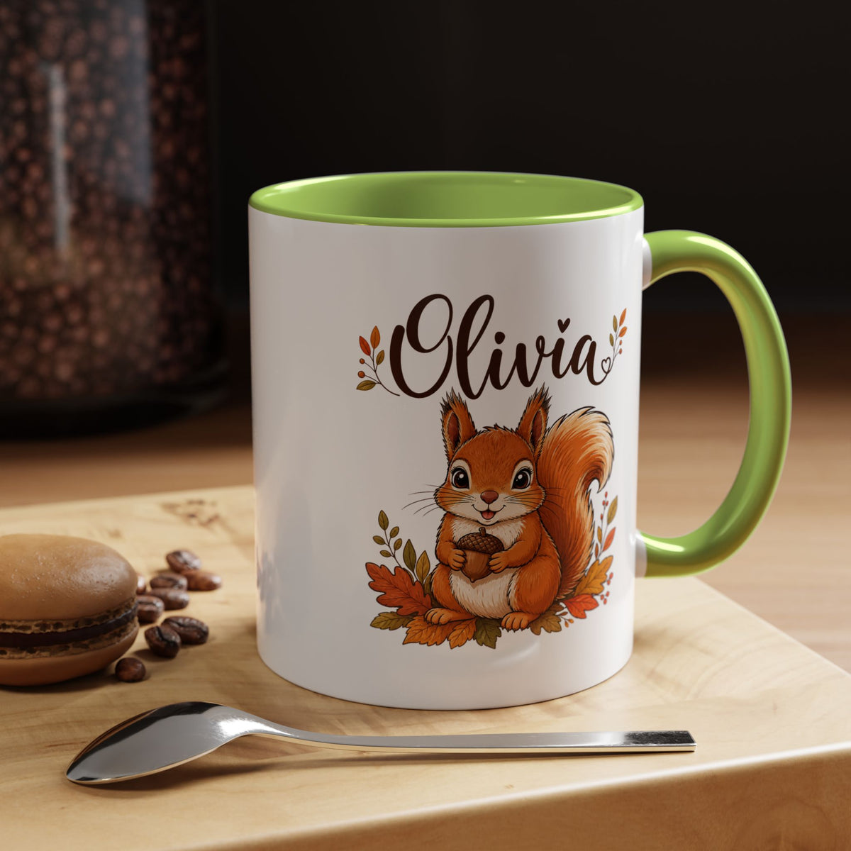 Personalized Squirrel Mug with Name, Autumn Woodland Coffee Cup, Cute Fall Animal Gift for Daughter, Nature Lover Birthday Keepsake