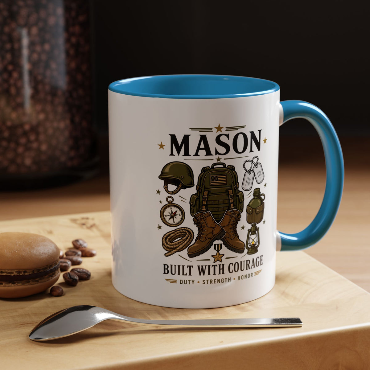 Personalized Army Soldier Mug, Built with Courage Coffee Cup, Custom Name Military Gift for Him, Veteran, Recruit or Service Member