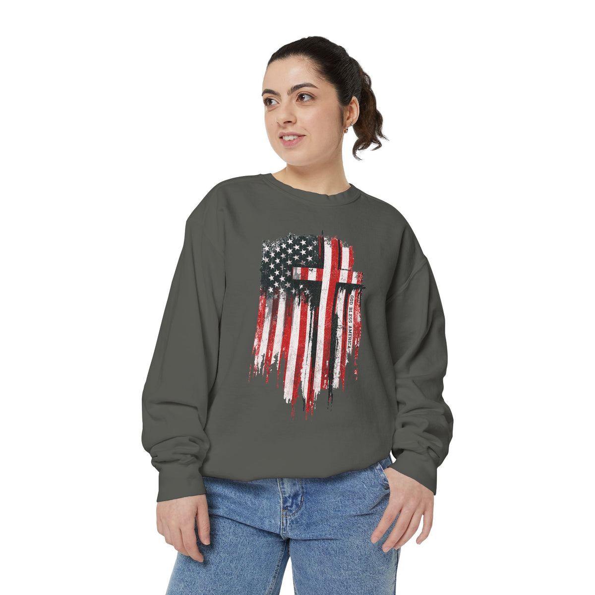 God Bless America Sweatshirt, Distressed American Flag and Cross Graphic, Patriotic Christian Gift for Church Events and Everyday Faith