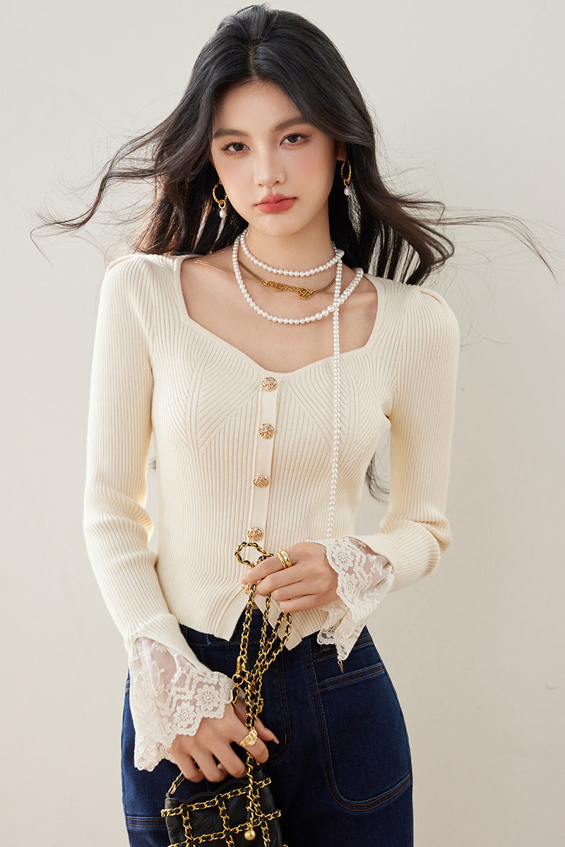 Fashionable  Heart-Necklace Lace Trim Knitted Sweater for Women Slim Fit Pullover