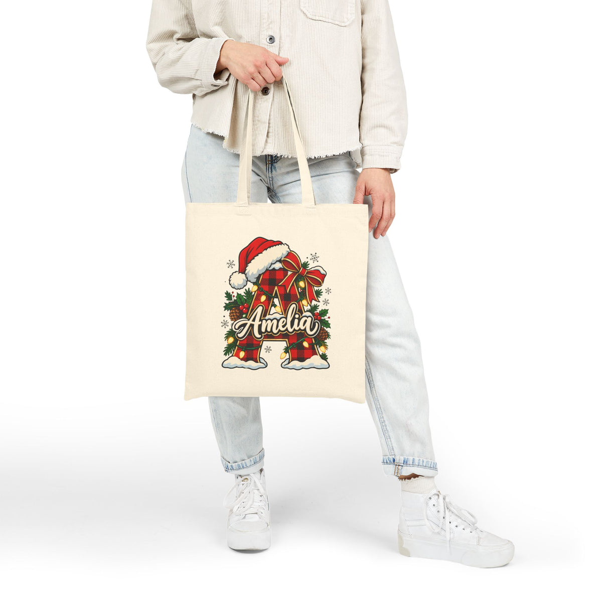 Personalized Christmas Tote Bag, Cotton Canvas 15x16, Buffalo Plaid Initial, Santa Hat, Custom Name Holiday Shopper