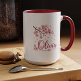 Personalized Name Mug, Pink Cherry Blossom Black Accent Coffee Cup, Custom Name Gift for Her, Girl, Daughter, Birthday or Nursery Keepsake