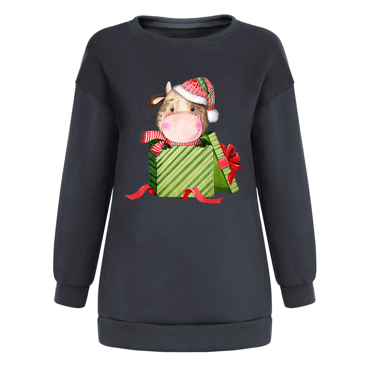 Christmas Cow Gift Box Sweatshirt, Christmas Graphic Crewneck Pullover