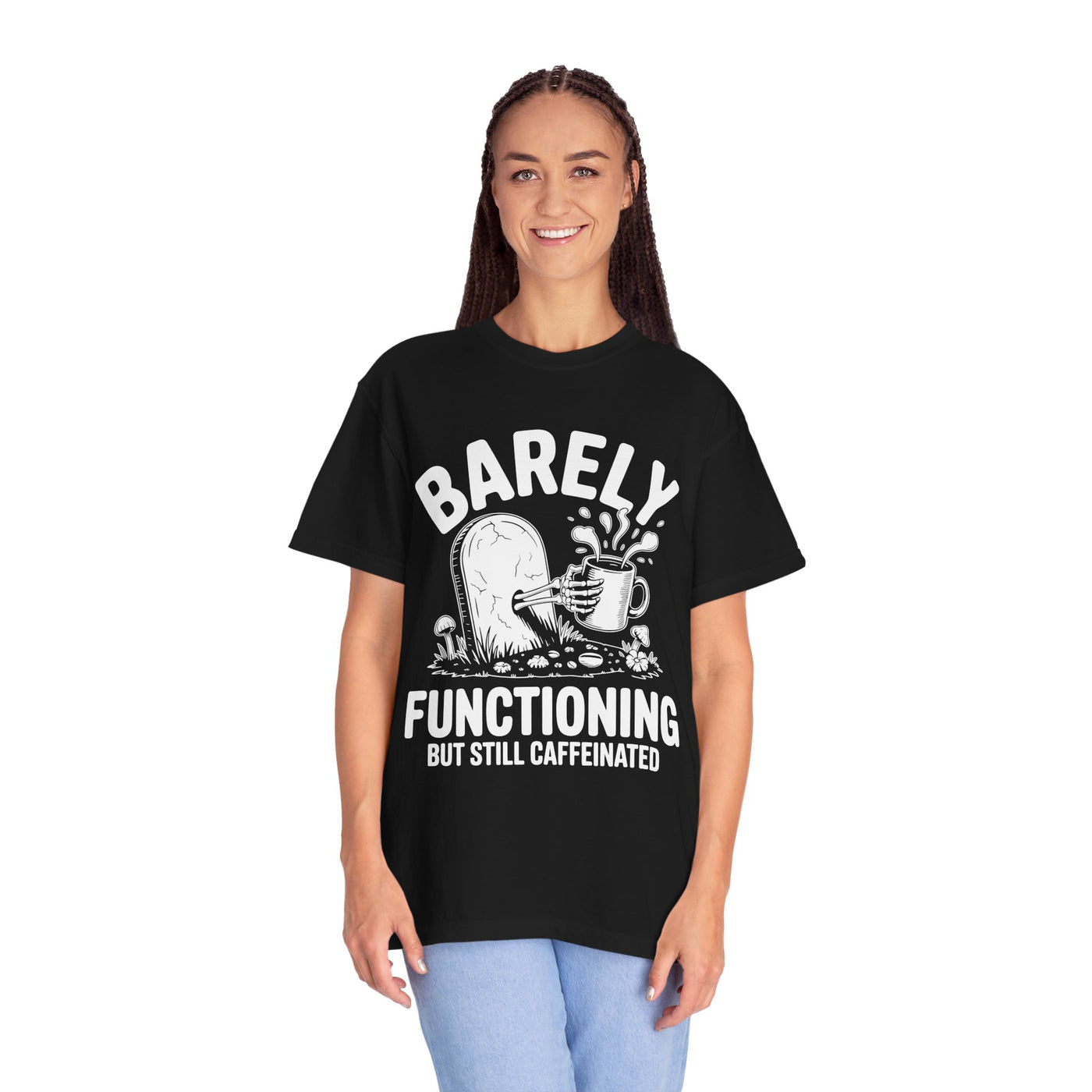 Funny Coffee Lover Comfort Colors Shirt, Barely Functioning But Still Caffeinated Tee, Gothic Humor Graphic Shirt, Espresso Addict Gift