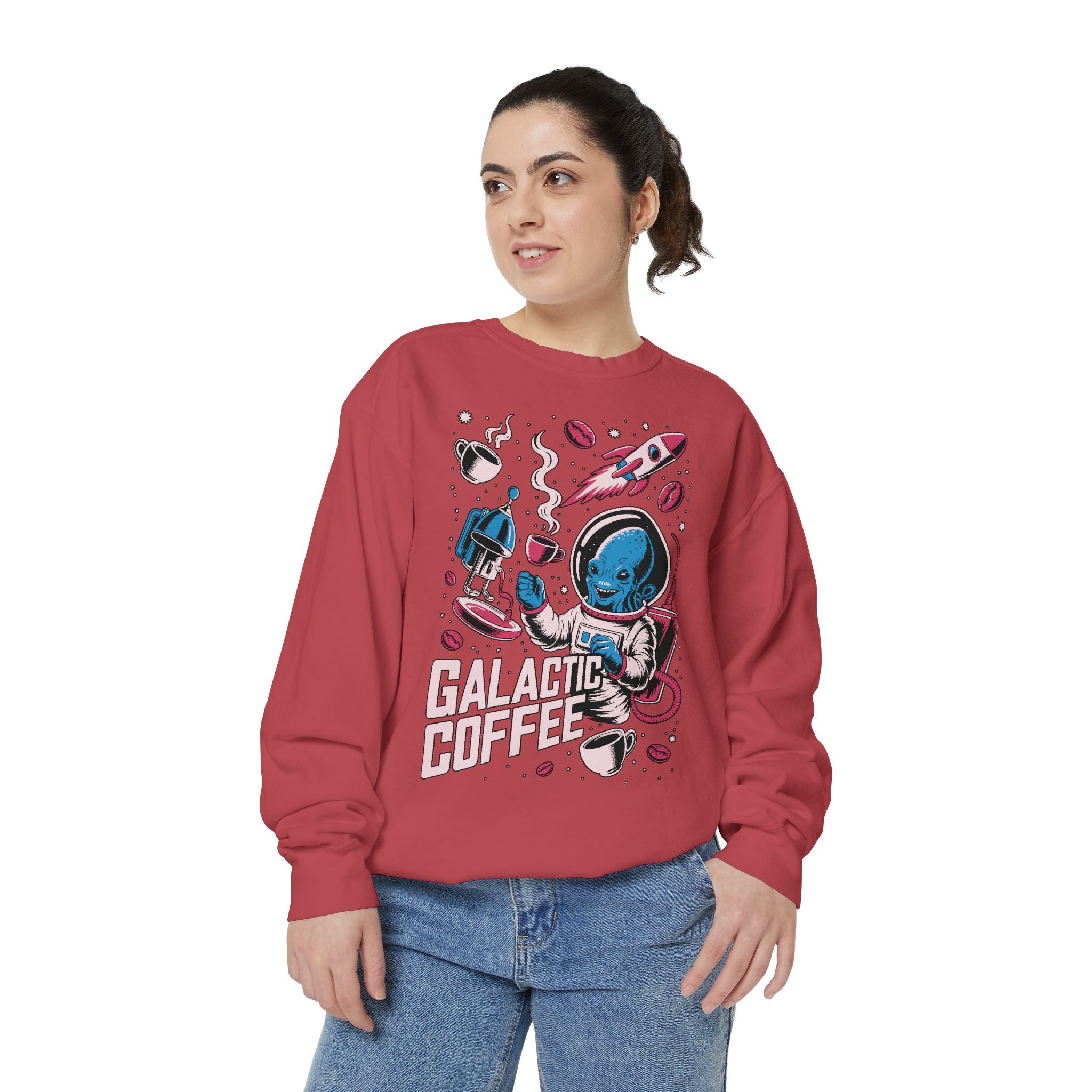 Galactic Coffee Comfort Colors Sweatshirt, Funny Alien Coffee Lover Shirt, Space Nerd Sweatshirt, Sci Fi Gift for Coffee Fans