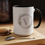Letter V Monogram Mug, Floral Initial Coffee Mug for Women, Botanical Alphabet Cup, Minimalist Monogram Gift, Personalized Letter Mug