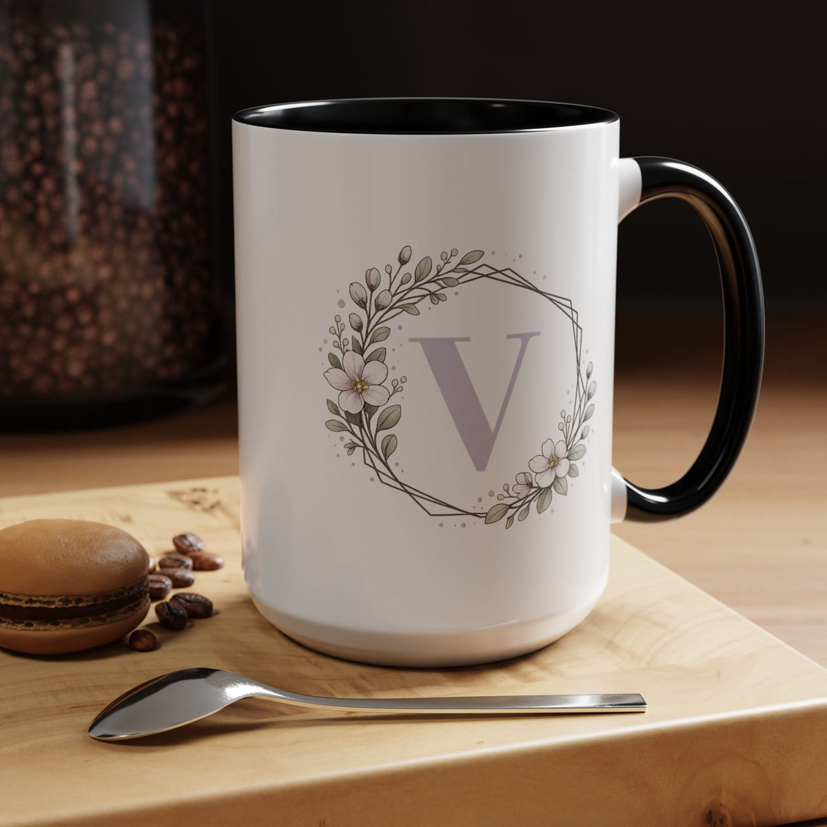 Letter V Monogram Mug, Floral Initial Coffee Mug for Women, Botanical Alphabet Cup, Minimalist Monogram Gift, Personalized Letter Mug