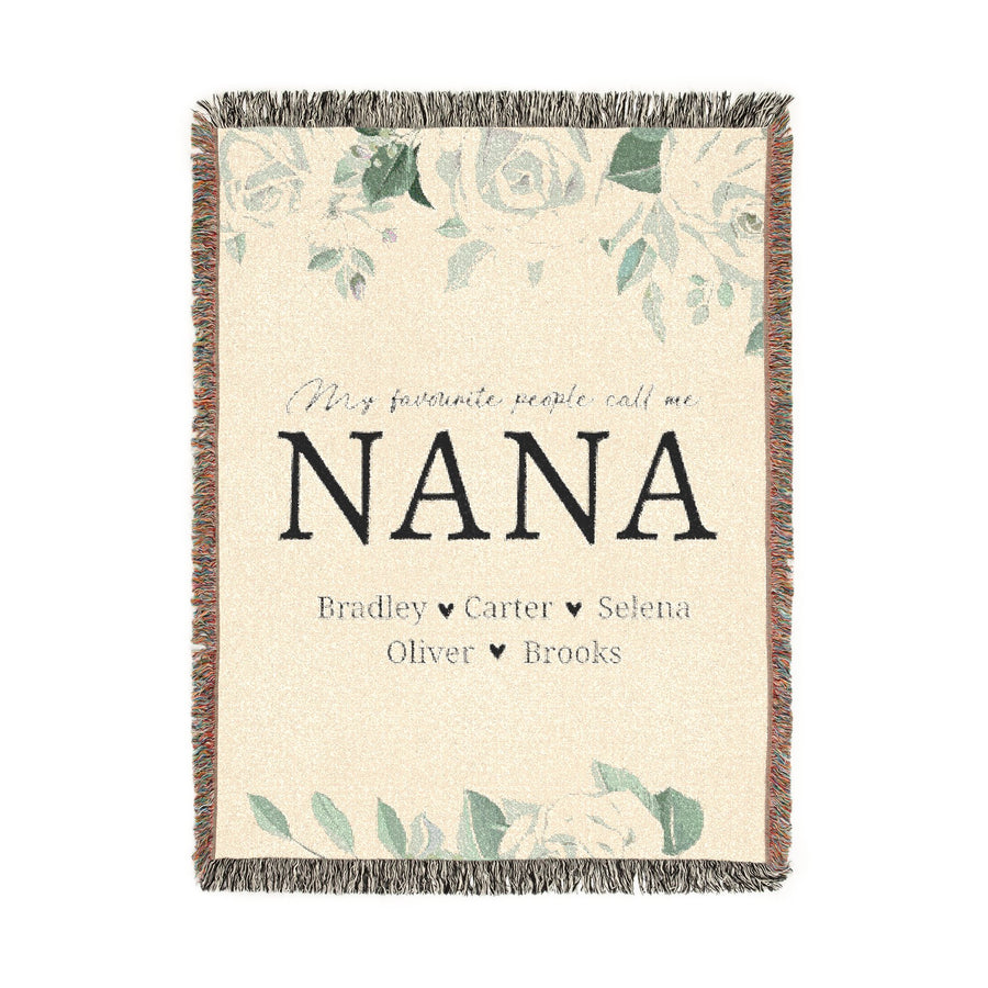 Personalized Nana Floral Woven Blanket, Custom Grandma Throw, Family Name Gift, Cozy Mother's Day Present, Botanical Home Decor for Nana