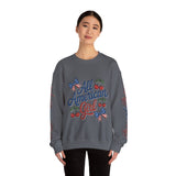 All American Girl Sweatshirt, Patriotic Womens Pullover, USA Flag Cherry Top, Vintage Americana Style, Fourth of July Gift