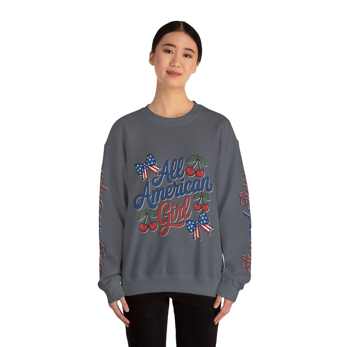 All American Girl Sweatshirt, Patriotic Womens Pullover, USA Flag Cherry Top, Vintage Americana Style, Fourth of July Gift