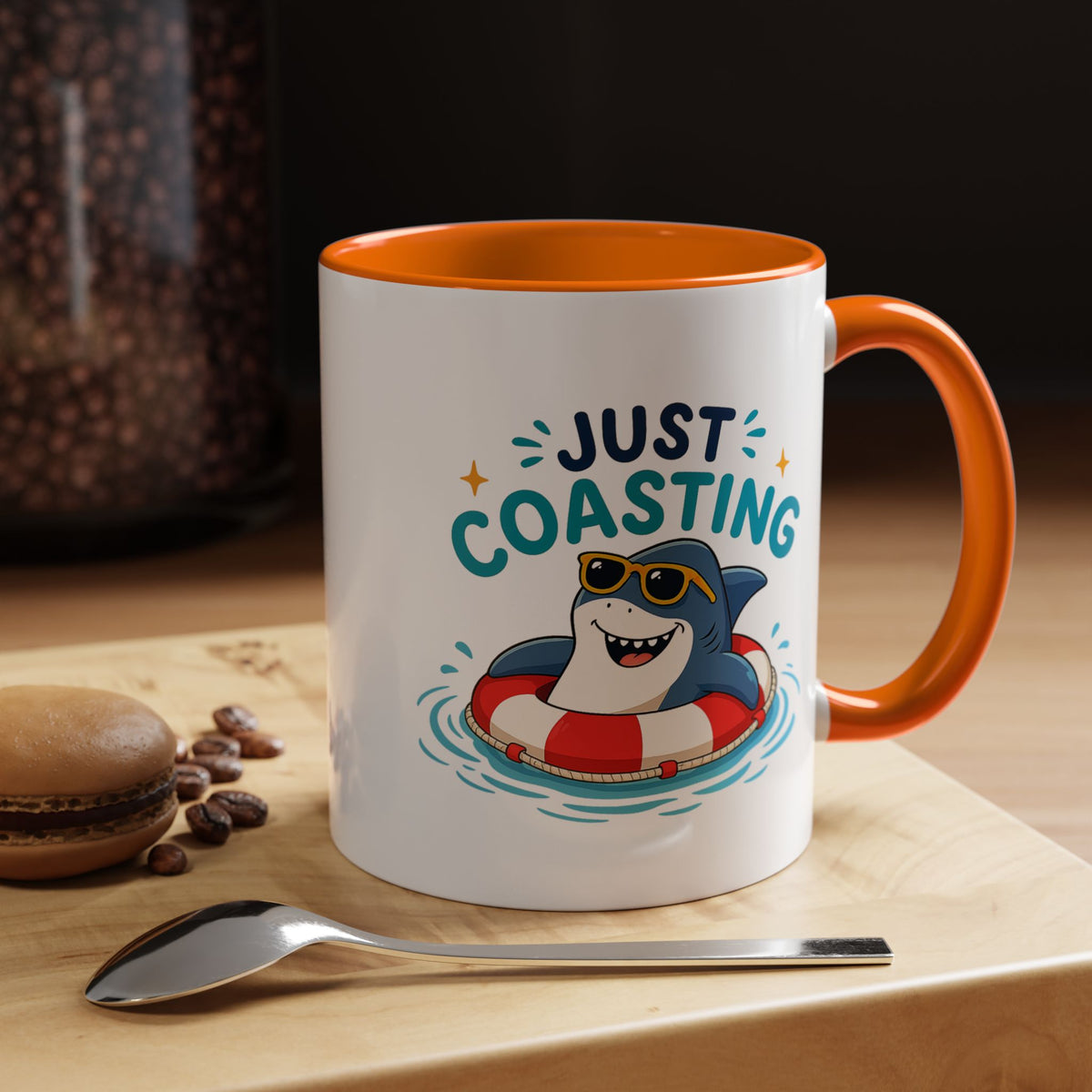Funny Shark Coffee Mug, Just Coasting Shark Mug, Cute Beach Lover Coffee Cup, Relaxing Summer Vacation Gift for Shark Fans