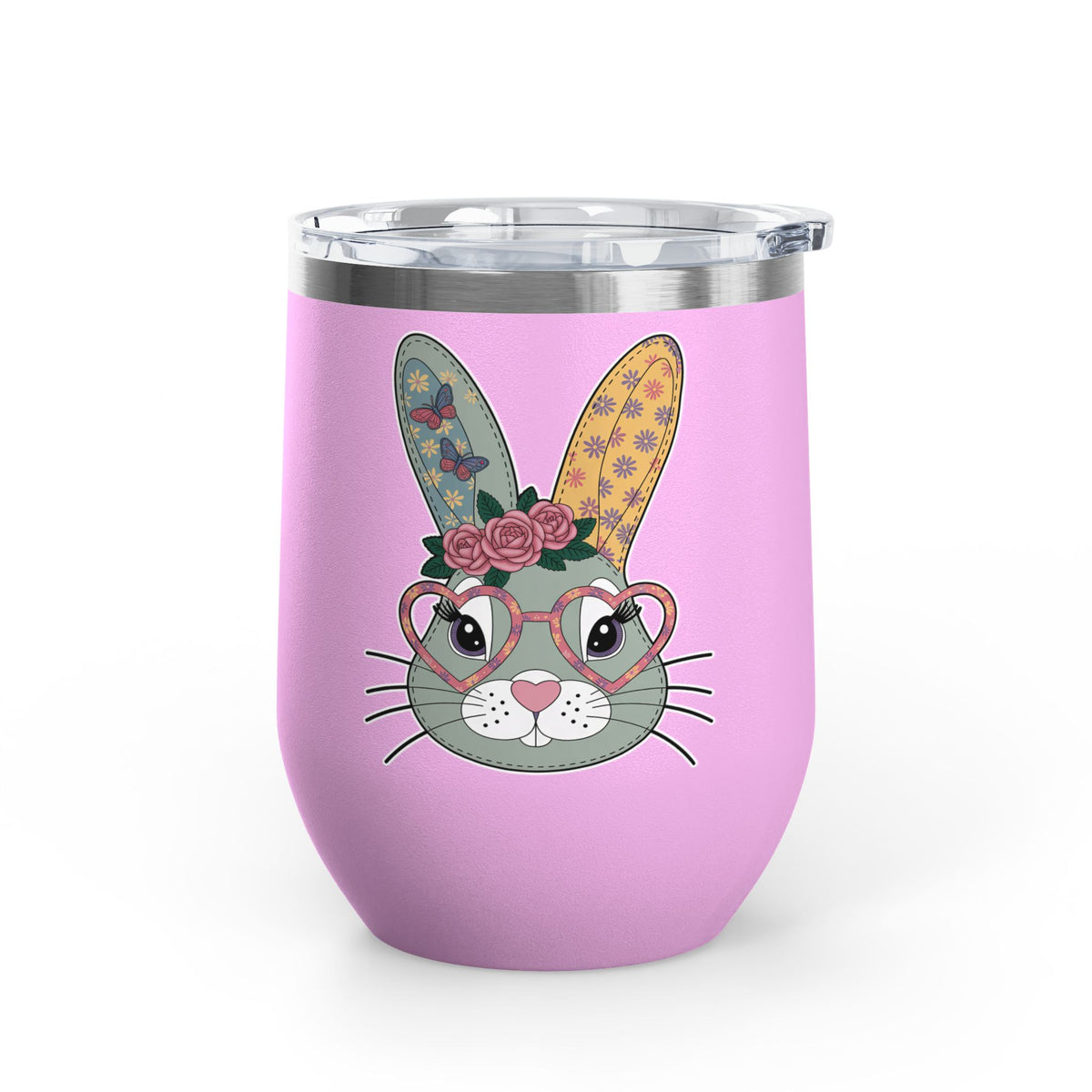 Floral Bunny Wine Tumbler, Cute Rabbit with Heart Glasses, Easter Gift for Her, Whimsical Spring Drinkware, Bunny Lover Gift