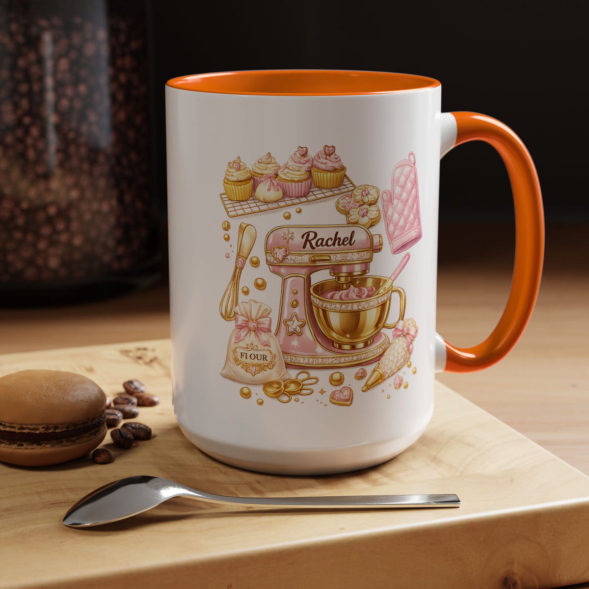 Cute Baking Stand Mixer Coffee Mug, Personalized Baker Gift for Her, Aesthetic Pastry Chef Kitchen Ceramic Tea Cup with Dark Blue Handle