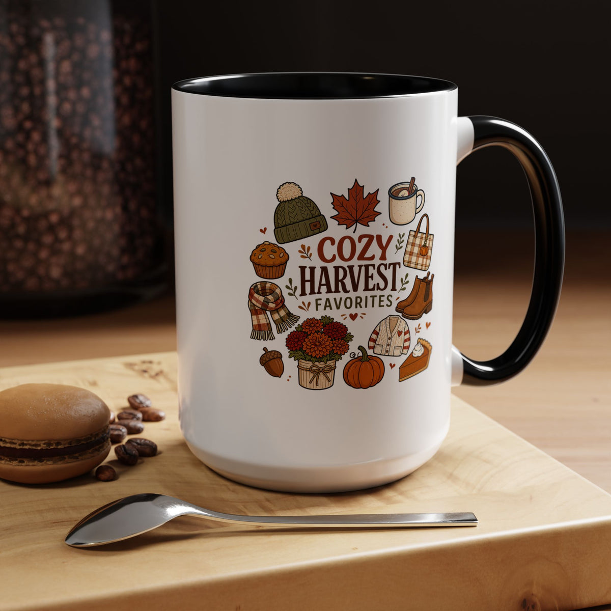 Cozy Harvest Coffee Mug, Cute Autumn Favorites Cup, Fall Gift for Her, Pumpkin Spice Lover Birthday Present, Thanksgiving Kitchen Decor