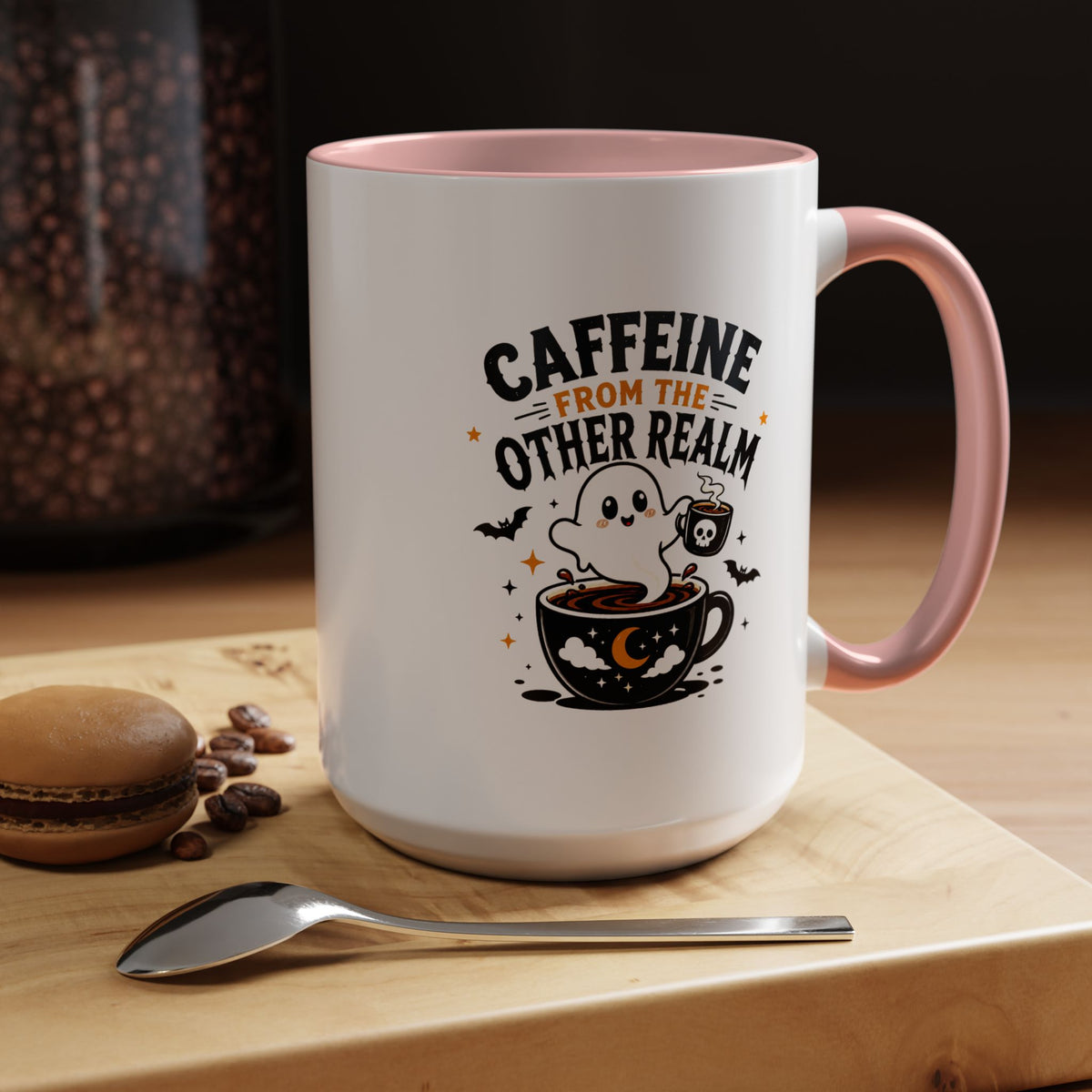 Halloween Ghost Coffee Mug, Caffeine From the Other Realm Black Accent Cup, Funny Spooky Gift for Coffee Lover, Barista or Coworker
