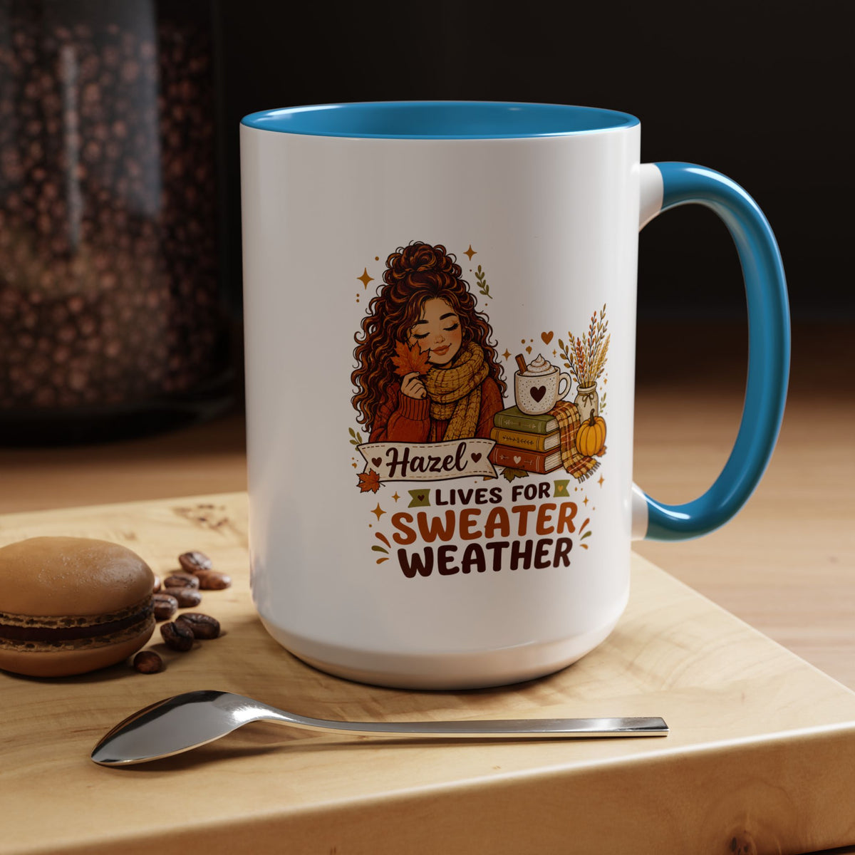Personalized Sweater Weather Mug, Custom Name Fall Coffee Cup, Cozy Book Lover Gift for Her, Autumn Pumpkin and Reading Design