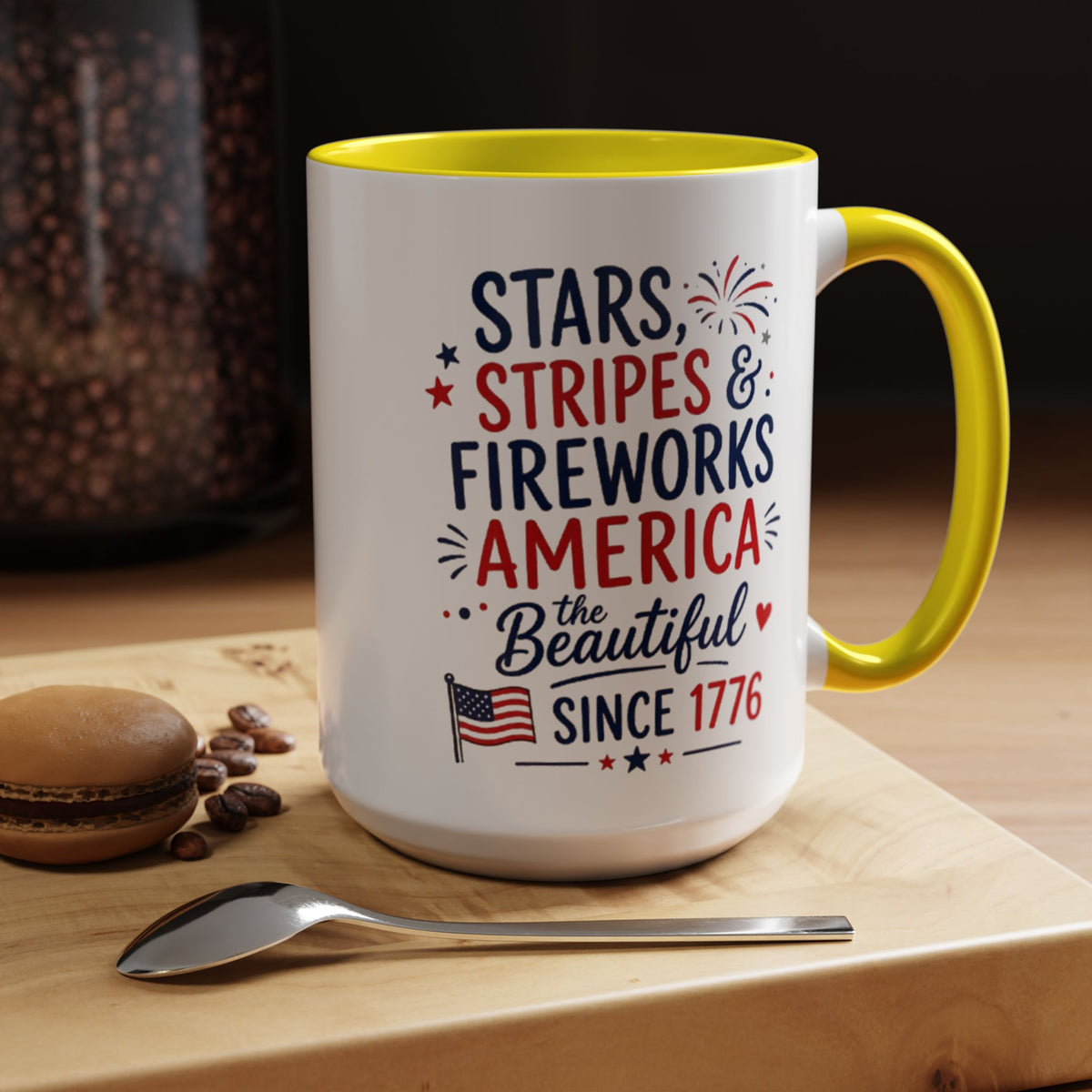 Stars and Stripes Coffee Mug, 4th of July Fireworks Gift for Hostess, America the Beautiful Since 1776 Patriotic Ceramic Tea Cup