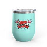True Love Wine Tumbler, Vintage Tattoo Heart and Roses Cup, Romantic Anniversary Gift, Retro Drinkware for Couples