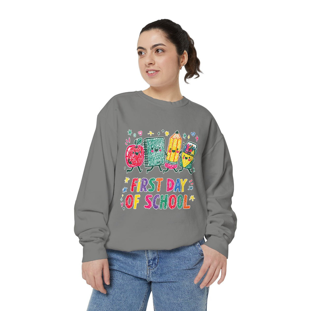 First Day of School Sweatshirt, Colorful School Supplies Pullover, Cute Teacher Outfit, Student Back to Class Gift, Classroom Crewneck