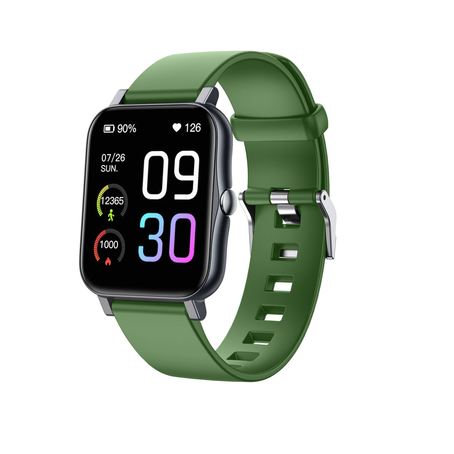 Pink smartwatch touchscreen showing heart rate, step count, and calories with a silicone band