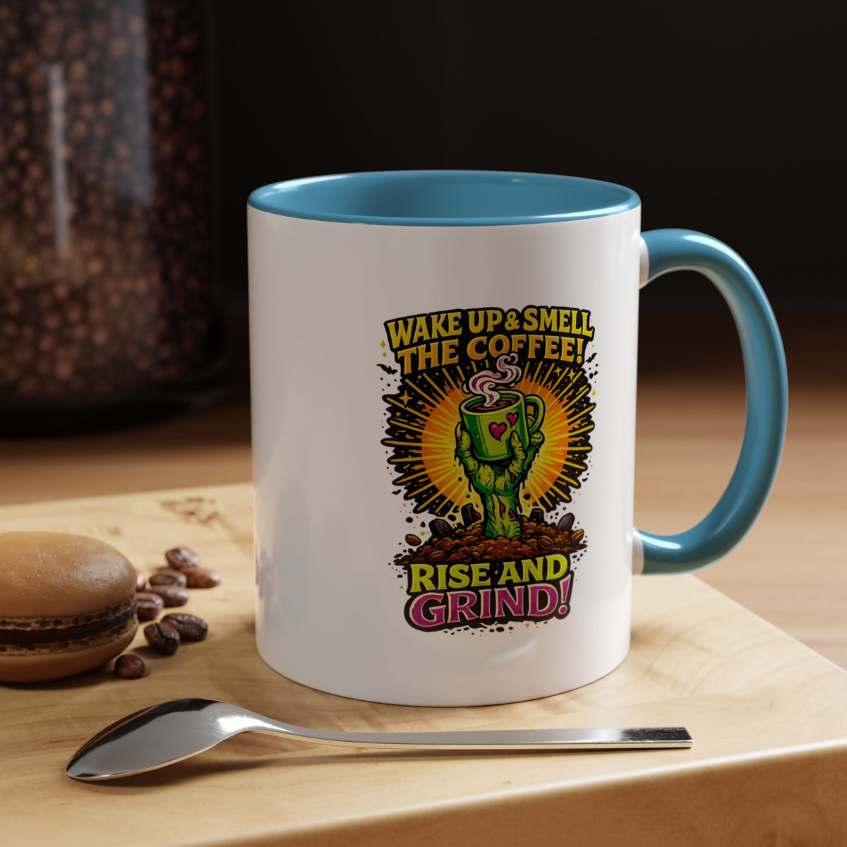 Zombie Coffee Mug, Wake Up and Smell the Coffee Black Accent Cup, Unique Funny Rise and Grind Gift for Horror Fan, Barista or Coworker