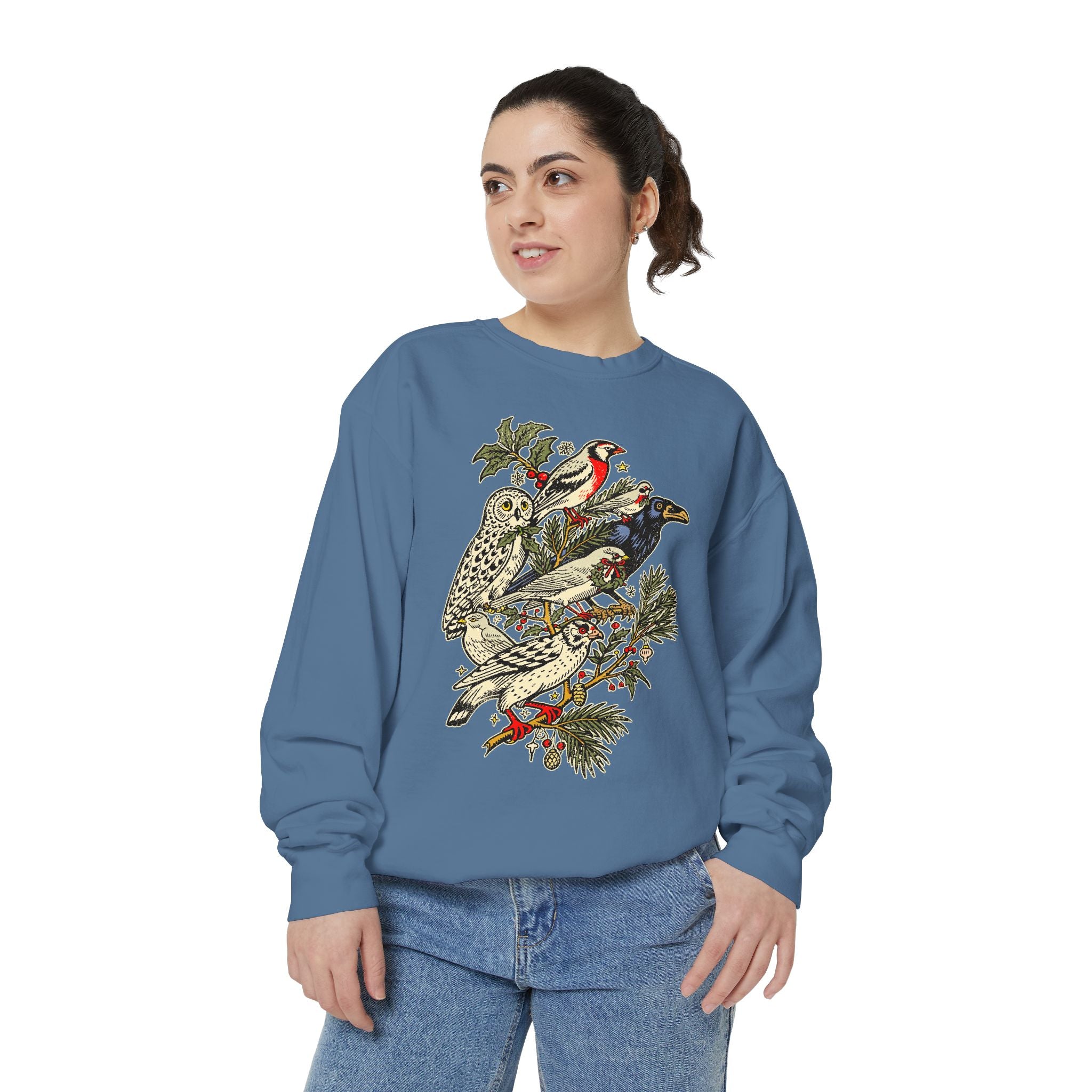Winter Birds Graphic Sweatshirt, Vintage Woodland Pullover for Bird Lovers, Festive Nature Top, Cozy Christmas Gift for Birdwatchers