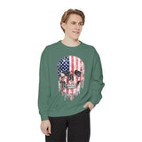 American Flag Skull Sweatshirt, Distressed Patriotic Graphic for Biker Outfits, Fourth of July Style, Birthday Gift for Skull Art Lovers