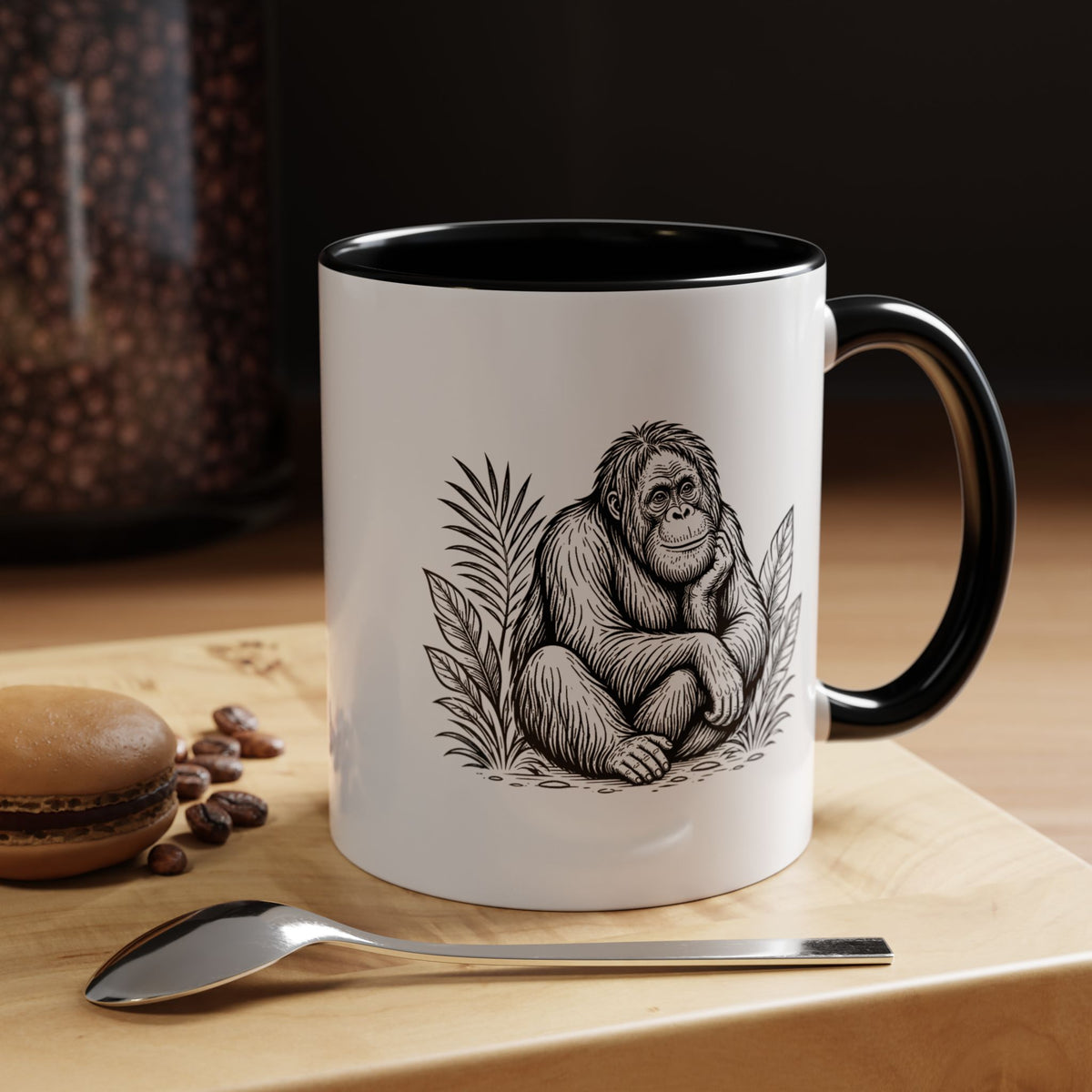 Orangutan Mug, Black and White Primate Coffee Cup, Jungle Animal Lover Gift, Wildlife Conservation Present, Rustic Nature Decor Gift
