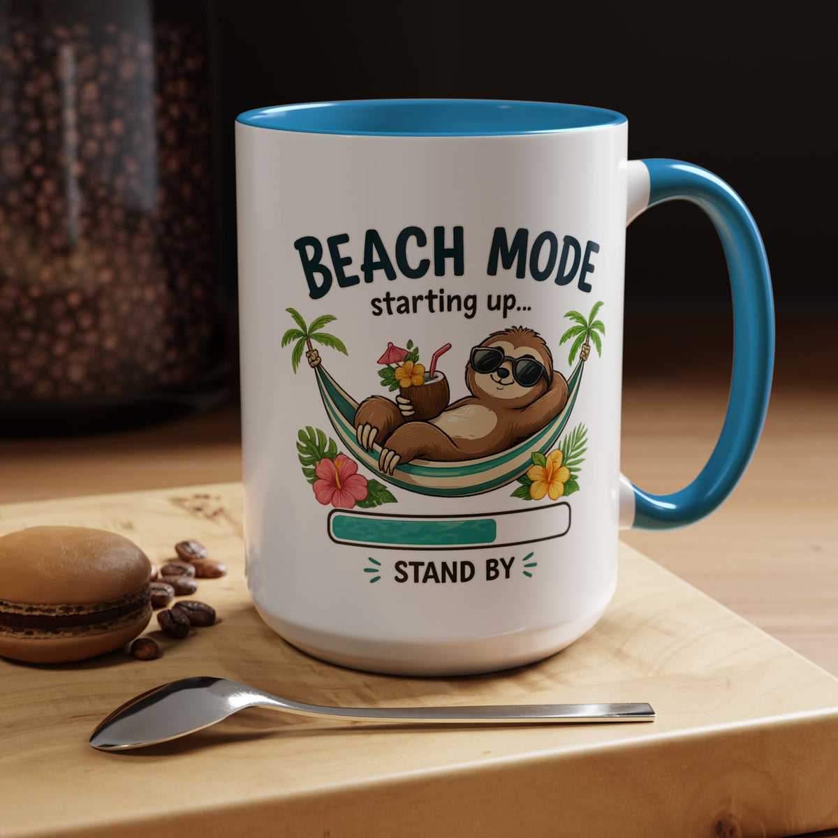 Beach Mode Sloth Coffee Mug, Funny Summer Vacation Gift for Sloth Lovers, Cute Tropical Hammock Ceramic Tea Cup with Blue Handle