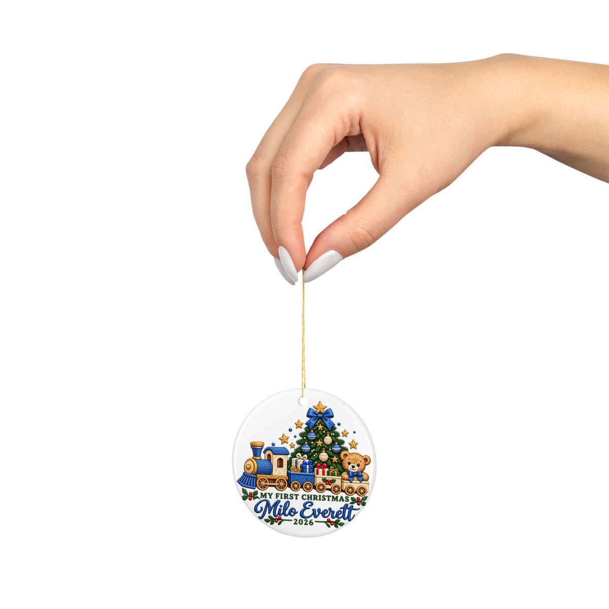 Personalized Baby First Christmas Train Ornament 2026, Blue Locomotive and Teddy Bear, Custom Name Keepsake Gift for New Parents and Baby