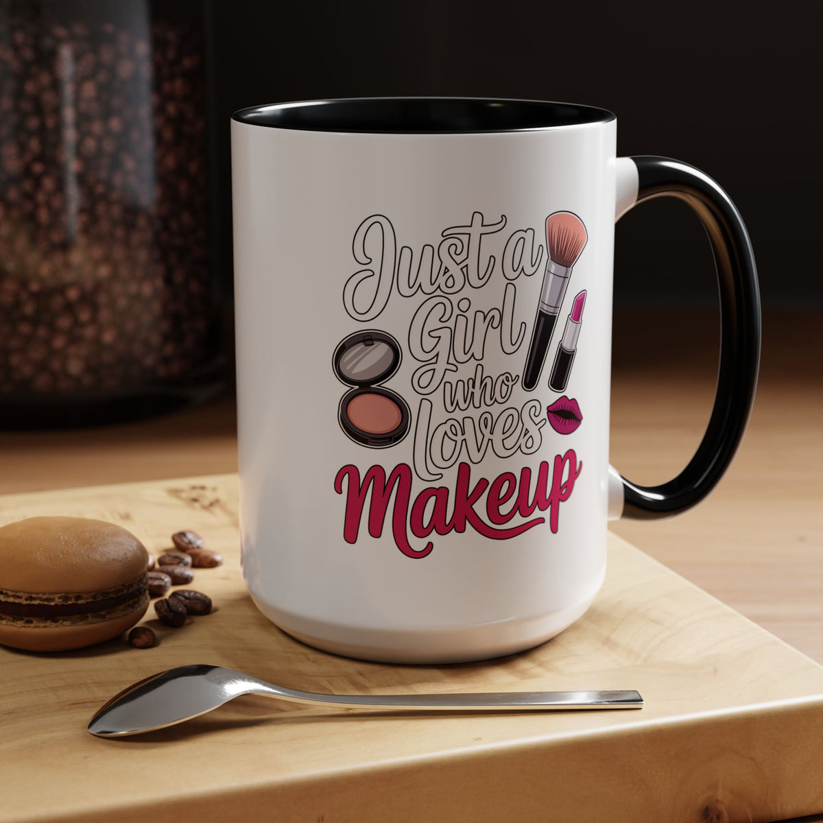 Makeup Lover Coffee Mug, Just a Girl Who Loves Makeup Quote, Lipstick and Brush Design, Birthday Gift for Beauty Enthusiast or Makeup Artist