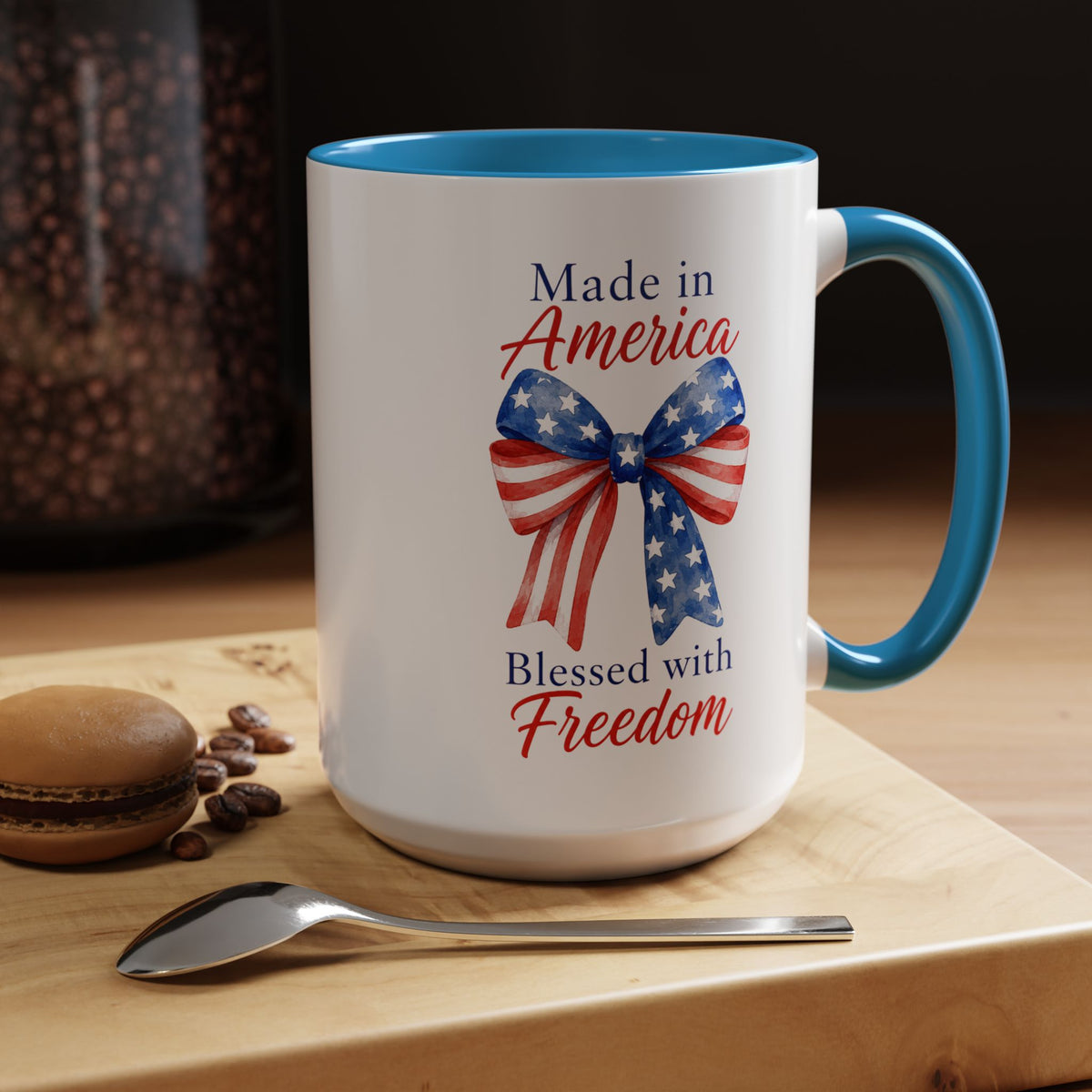 Made in America Blessed with Freedom Mug, Patriotic American Flag Bow Coffee Mug, USA Pride Gift for Women, Fourth of July Cup