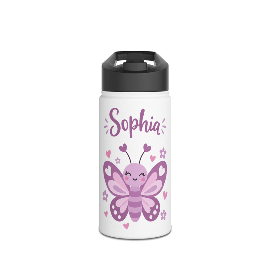 A white stainless steel water bottle with a black flip-top lid, printed with the sample name "Sophia" in purple script above a smiling purple and pink butterfly with heart antennae, surrounded by small pink hearts and flowers.