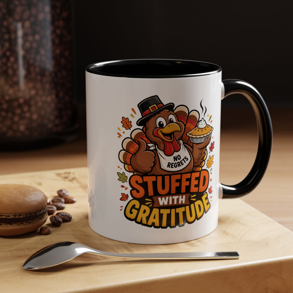 Stuffed With Gratitude Mug, Funny Thanksgiving Turkey Coffee Cup, Friendsgiving Hostess Gift, Cute Fall Drinkware for Food Lovers