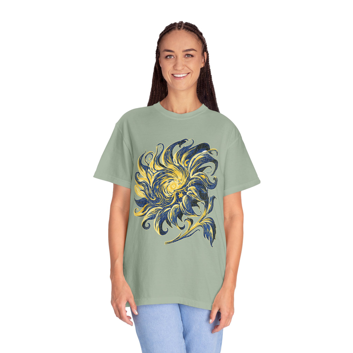 Celestial Sun Graphic Shirt, Blue and Gold Cosmic T-Shirt, Mystical Night Sky Tee, Astrology Gift for Stargazers and Dreamers, Gift Idea