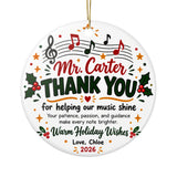 Personalized Music Teacher Christmas Ornament, Thank You Gift from Student, Musical Notes Holiday Keepsake with Teacher Name and Message