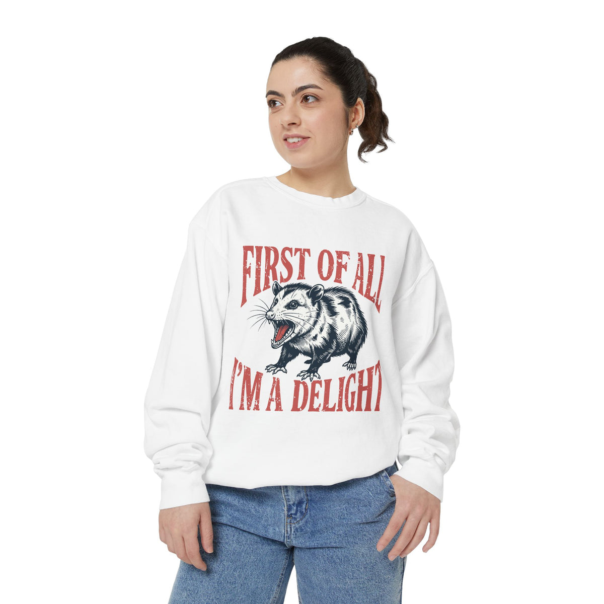 Funny Possum Sweatshirt, First of All I'm a Delight Crewneck, Sarcastic Animal Lover Gift, Vintage Opossum Graphic Cozy Pullover Top