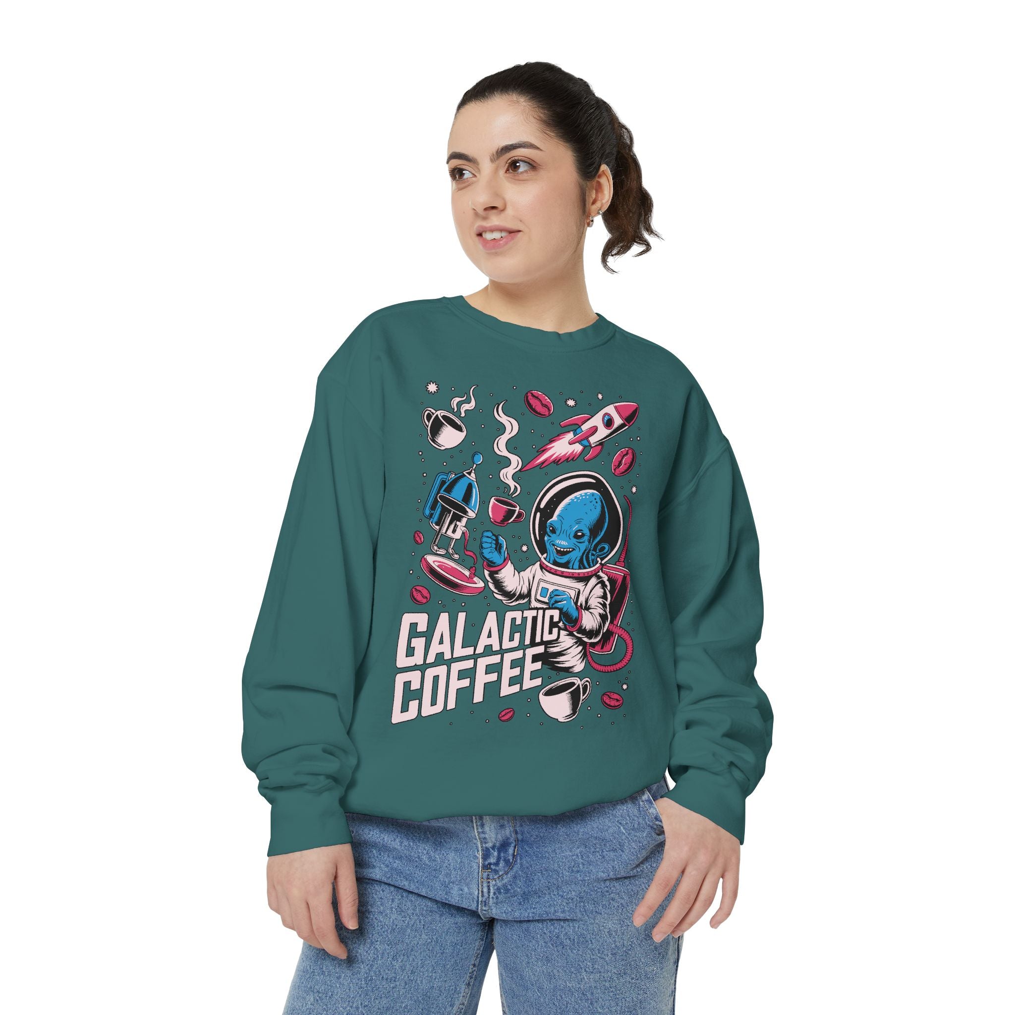 Galactic Coffee Comfort Colors Sweatshirt, Funny Alien Coffee Lover Shirt, Space Nerd Sweatshirt, Sci Fi Gift for Coffee Fans